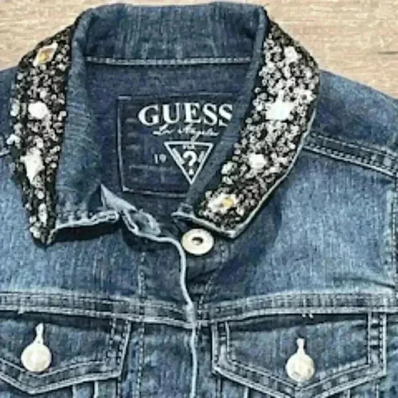 Guess Girls Denim Jean Cropped Embellished Jacket Size 7 - Picture 9 of 12